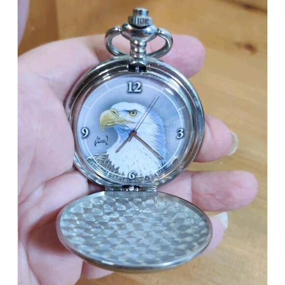 AL Agnew Bald Eagle American Pocket Watch Silver Tone Untested Not Working - Picture 2 of 7
